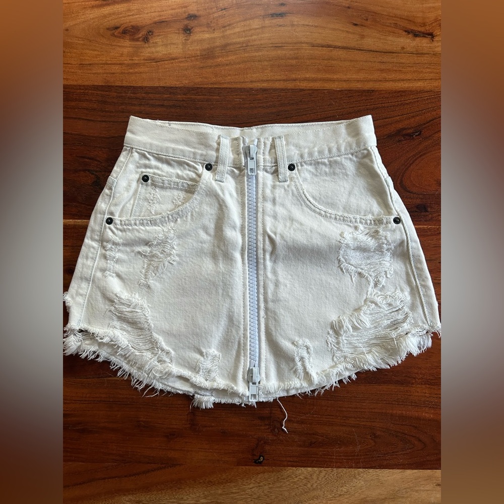 Carmar zip up white denim distressed skirt